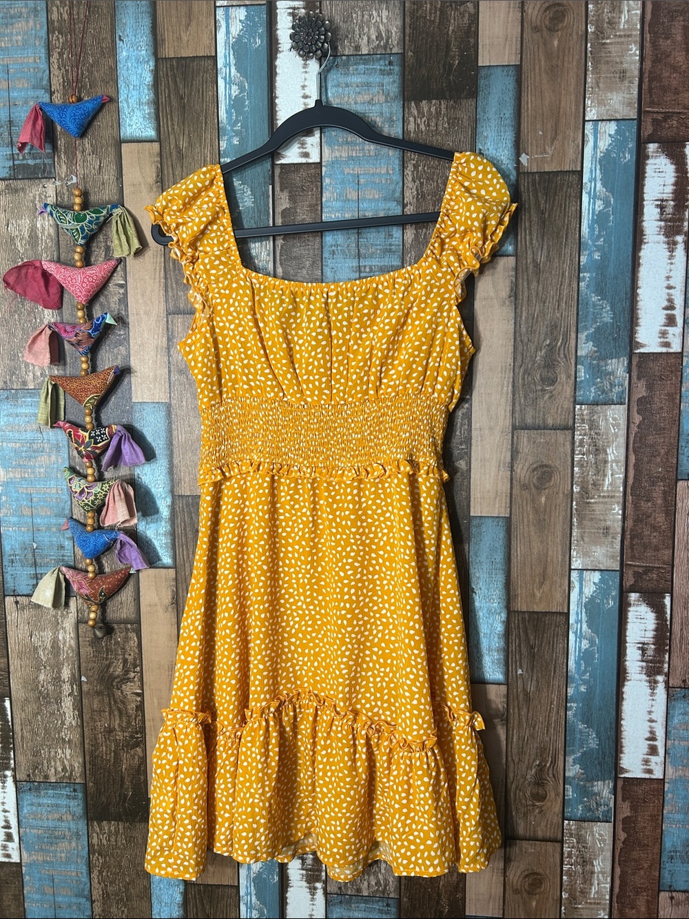 Mustard Yellow Smocked Ruffle Mini Dress - Women